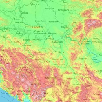 Mappa topografica Serbia, altitudine, rilievo
