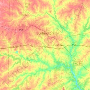 Mappa topografica Burlington, altitudine, rilievo