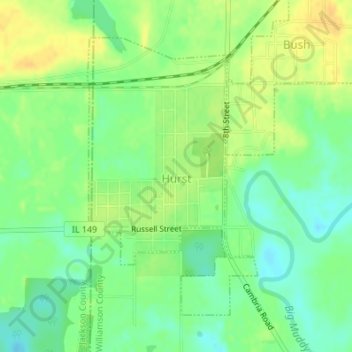 Mappa topografica Hurst, altitudine, rilievo