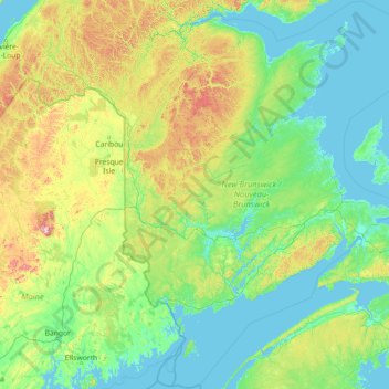 Mappa topografica Nuovo Brunswick, altitudine, rilievo