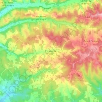 Mappa topografica Pressignac-Vicq, altitudine, rilievo