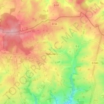Mappa topografica Nouziers, altitudine, rilievo