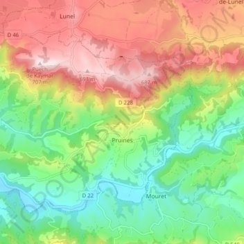 Mappa topografica Pruines, altitudine, rilievo