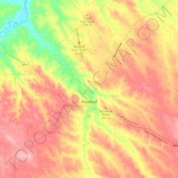 Mappa topografica Rosebud, altitudine, rilievo