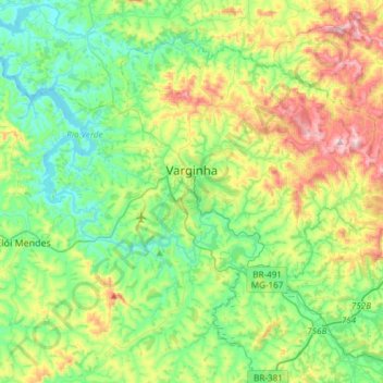 Mappa topografica Varginha, altitudine, rilievo