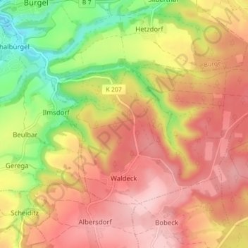 Mappa topografica Waldeck, altitudine, rilievo