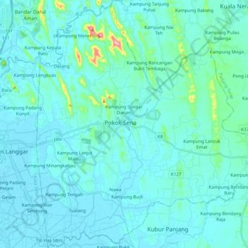 Mappa topografica Pokok Sena, altitudine, rilievo