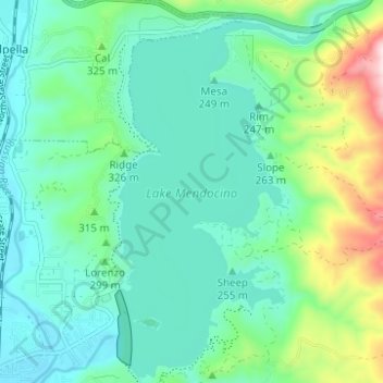 Mappa topografica Lake Mendocino, altitudine, rilievo
