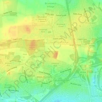 Mappa topografica Hazlerigg, altitudine, rilievo