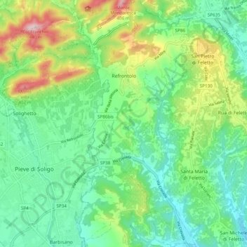 Mappa topografica Refrontolo, altitudine, rilievo