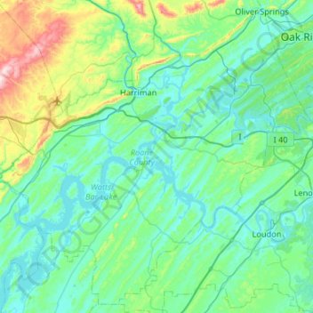 Mappa topografica Roane County, altitudine, rilievo