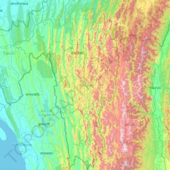 Mappa topografica Mizoram, altitudine, rilievo