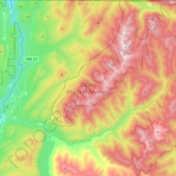 Mappa topografica Salmo-Priest Wilderness, altitudine, rilievo