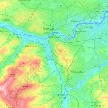 Mappa topografica Gateshead, altitudine, rilievo