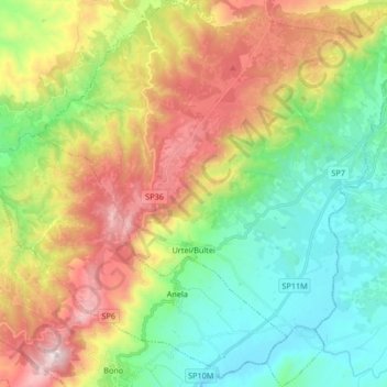 Mappa topografica Urtei/Bultei, altitudine, rilievo