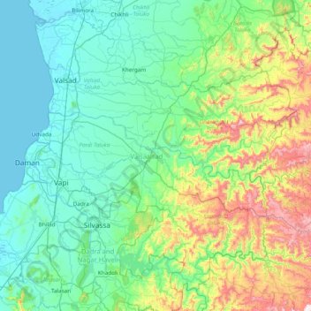 Mappa topografica Valsad, altitudine, rilievo