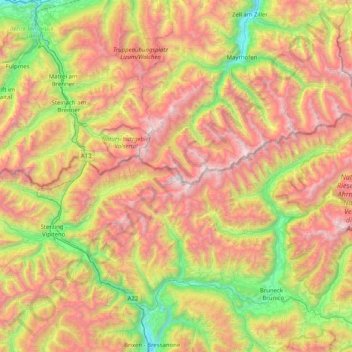 Mappa topografica Alpi della Zillertal, altitudine, rilievo