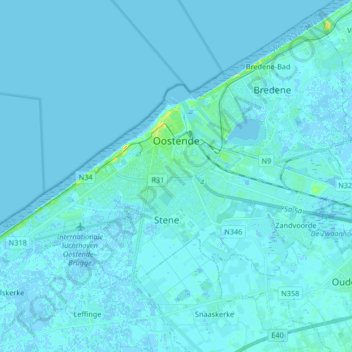 Mappa topografica Oostende, altitudine, rilievo