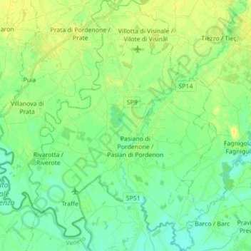 Mappa topografica Pasiano di Pordenone, altitudine, rilievo