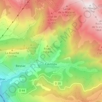 Mappa topografica Caussou, altitudine, rilievo