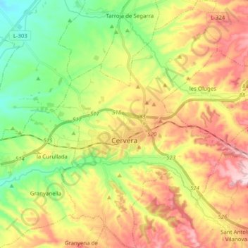 Mappa topografica Cervera, altitudine, rilievo