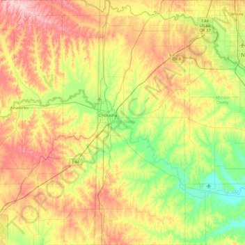 Mappa topografica Grady County, altitudine, rilievo
