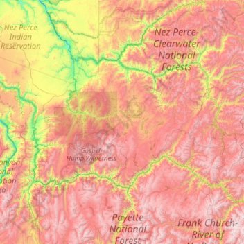 Mappa topografica Nez Perce National Forest, altitudine, rilievo