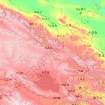 Mappa topografica 海北藏族自治州, altitudine, rilievo