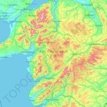 Mappa topografica Snowdonia, altitudine, rilievo