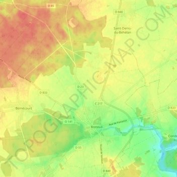 Mappa topografica Breteuil, altitudine, rilievo