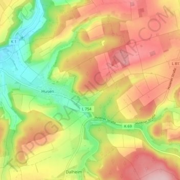 Mappa topografica Husen, altitudine, rilievo