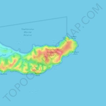 Mappa topografica Tawharanui Regional Park, altitudine, rilievo