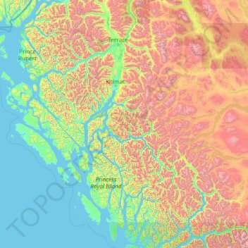 Mappa topografica Area C (Butedale/Kitlope/Kitsumkalum), altitudine, rilievo