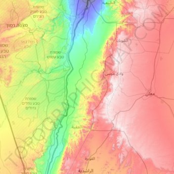 Mappa topografica Wadi Araba Sub-District, altitudine, rilievo