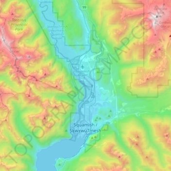 Mappa topografica Squamish, altitudine, rilievo
