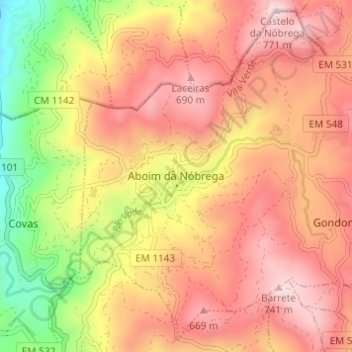 Mappa topografica Aboim da Nóbrega, altitudine, rilievo