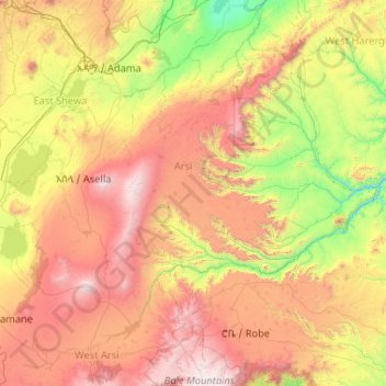 Mappa topografica Arsi, altitudine, rilievo