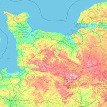 Mappa topografica Basse-Normandie, altitudine, rilievo