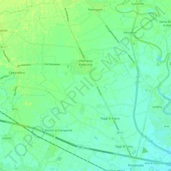 Mappa topografica Villafranca Padovana, altitudine, rilievo