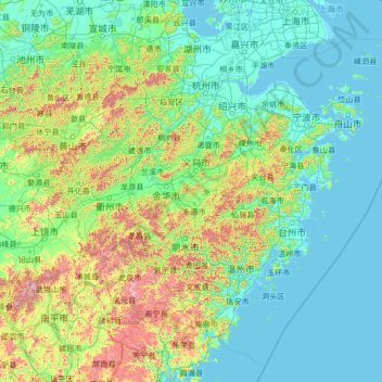 Mappa topografica Zhejiang, altitudine, rilievo