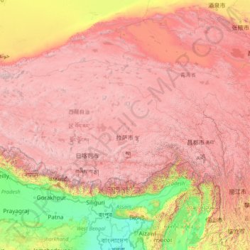 Mappa topografica 西藏自治区, altitudine, rilievo