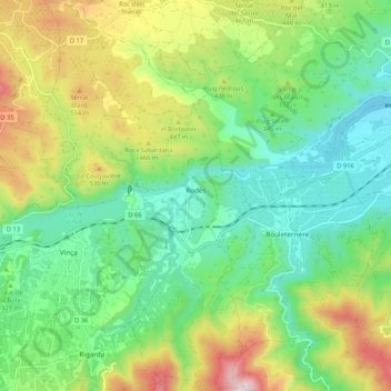 Mappa topografica Rodès, altitudine, rilievo