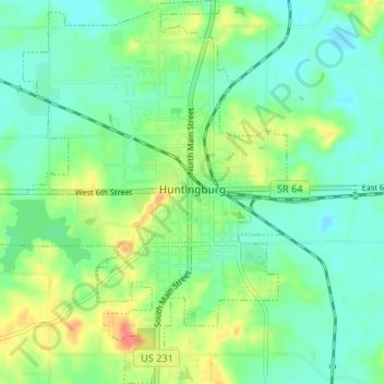 Mappa topografica Huntingburg, altitudine, rilievo