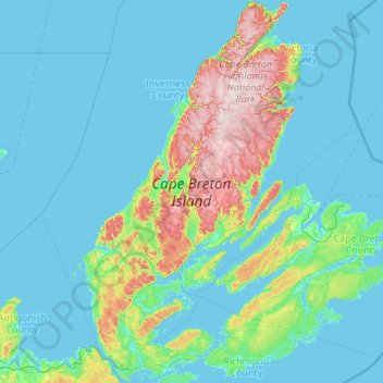 Mappa topografica Isola del Capo Bretone, altitudine, rilievo