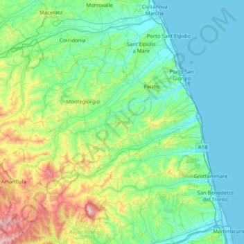 Mappa topografica Fermo, altitudine, rilievo