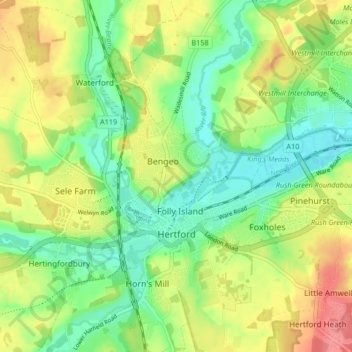Mappa topografica Hertford, altitudine, rilievo