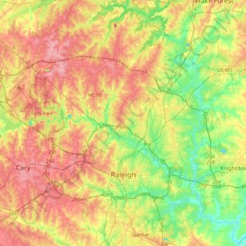 Mappa topografica Raleigh, altitudine, rilievo