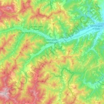 Mappa topografica Mercatello sul Metauro, altitudine, rilievo