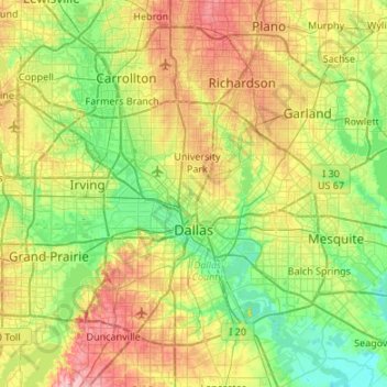 Mappa topografica Dallas, altitudine, rilievo