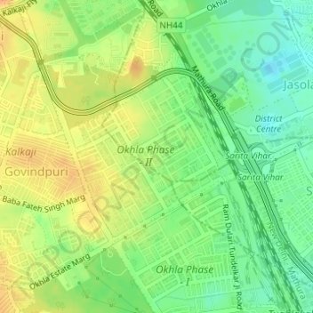 Mappa topografica Okhla Phase - II, altitudine, rilievo